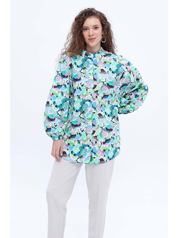 ALLDAY Mavi-Yeşil-%100 Pamuklu Desenli Poplin Gömlek Tunik