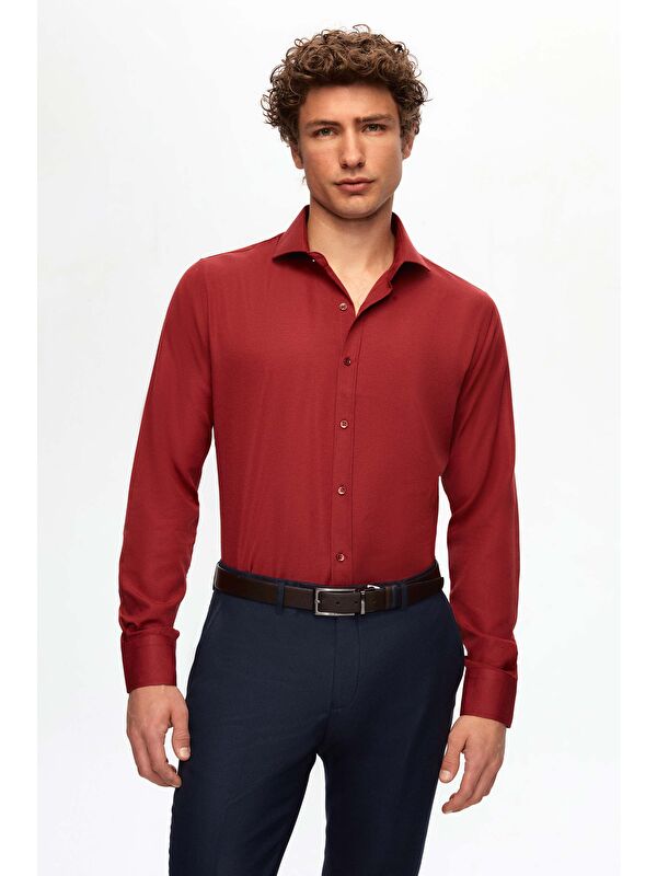 D'S damat Slim Fit Bordo İtalyan Yaka Dar Kesim Klasik Kravatlık Uzun Kol Kolay Ütülenebilir Gömlek