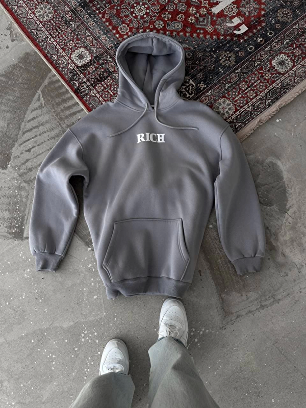 Jane's Uzun Kol Kapüşonlu Göğüs Baskılı SweatShirt - Gri