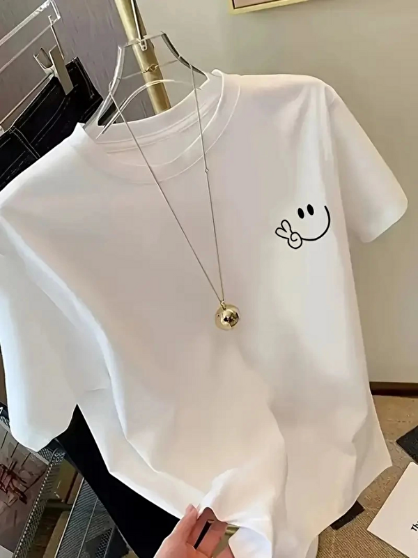 Jane's Baskılı Oversize Bisiklet Yaka T-shirt - Beyaz