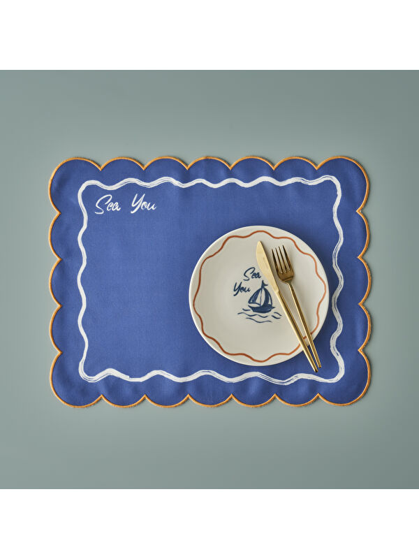 Bella Maison Marine Pamuklu Scallop Kenar Amerikan servis Mavi (35x45 cm)