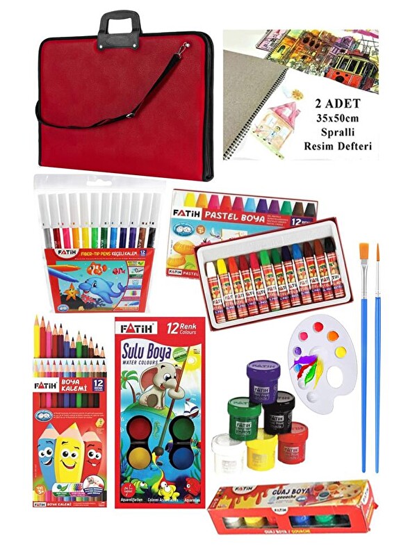 Artlantis Öğrenci Boyama Seti 11 Parça 1 Paket 35x50 Resim Çantası Resim Defter Fatih Sulu Boya Kuru Boya Past