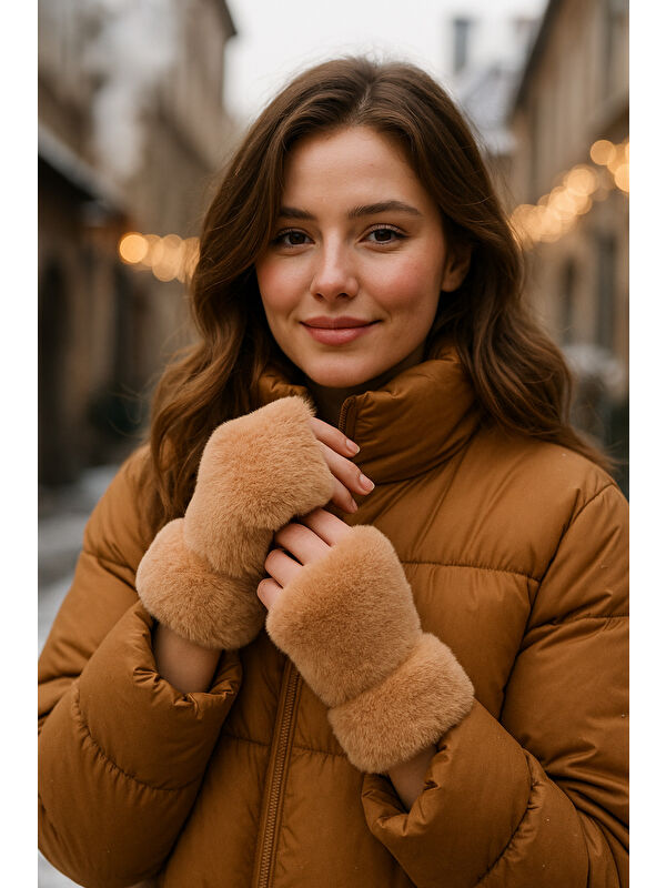 Luminos Butik Kadın Camel Kesik Pelüş Eldiven ELD33