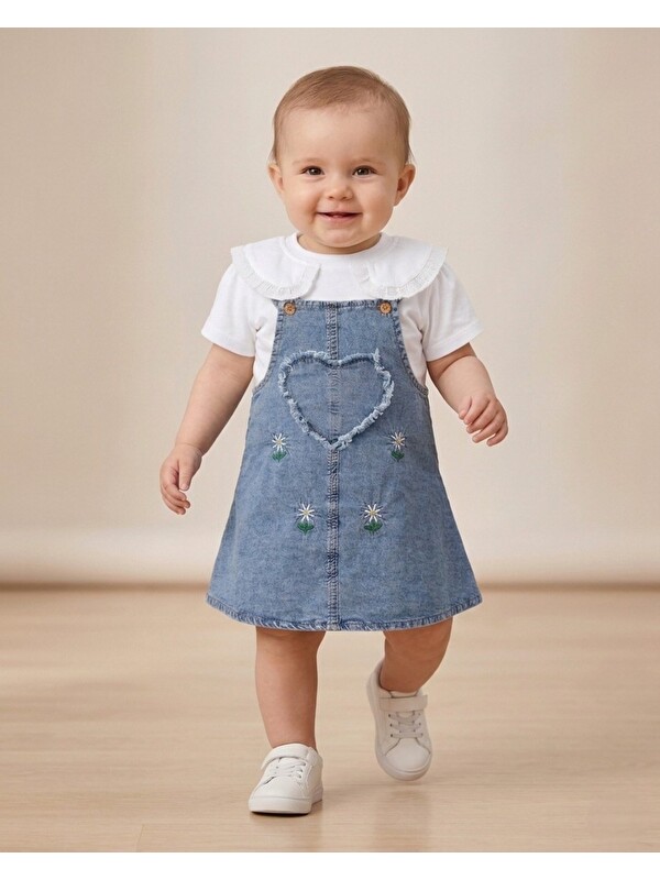 Ege Bebek Kız Bebek Yazlık Jean Jile ve T-shirtlü 2'lü Takım, 6-9-12-18-24 Aylık Jean Elbise Bayramlık Takım