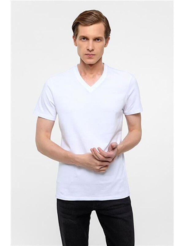 Süvari Beyaz Slim Düz V Yaka Tişört