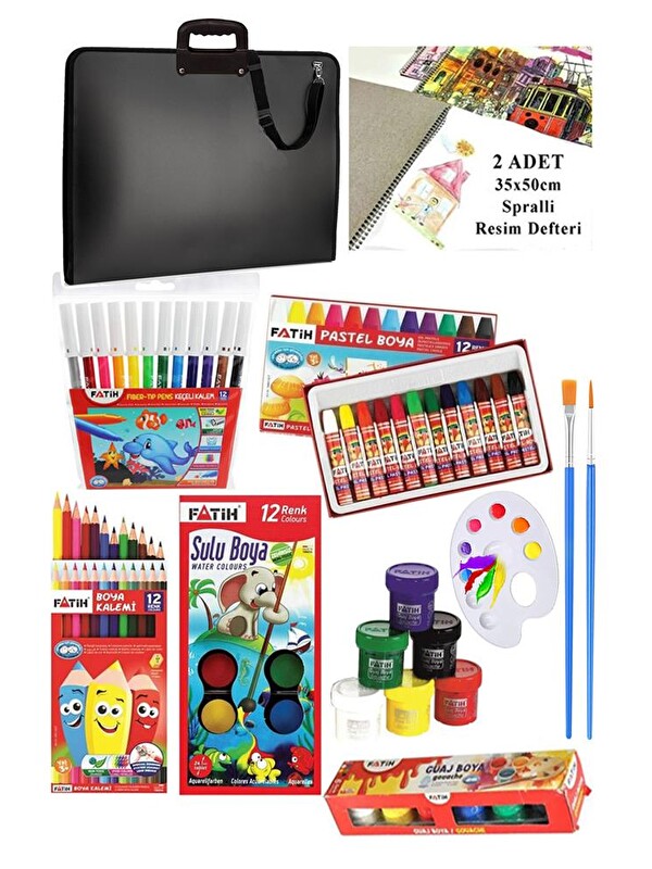 Artlantis Öğrenci Boyama Seti 11 Parça 1 Paket 35x50 Resim Çantası Resim Defter Fatih Sulu Boya Kuru Boya Past
