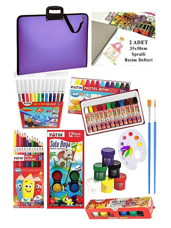 Artlantis Öğrenci Boyama Seti 11 Parça 1 Paket 35x50 Resim Çantası Resim Defter Fatih Sulu Boya Kuru Boya Past