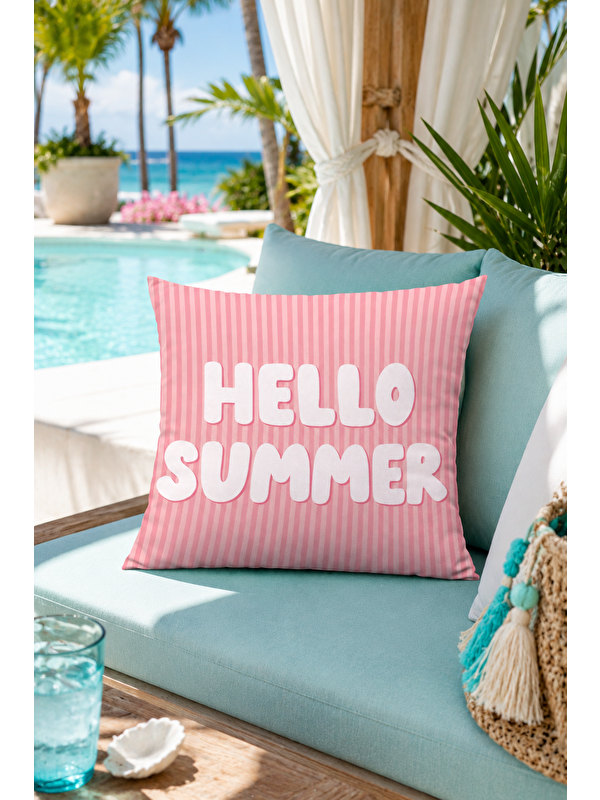 Evmila Hello Summer Pembe Çizgili Yazı Baskılı Dekoratif Kırlent Kılıfı Yazlık Dekor 43x43 cm