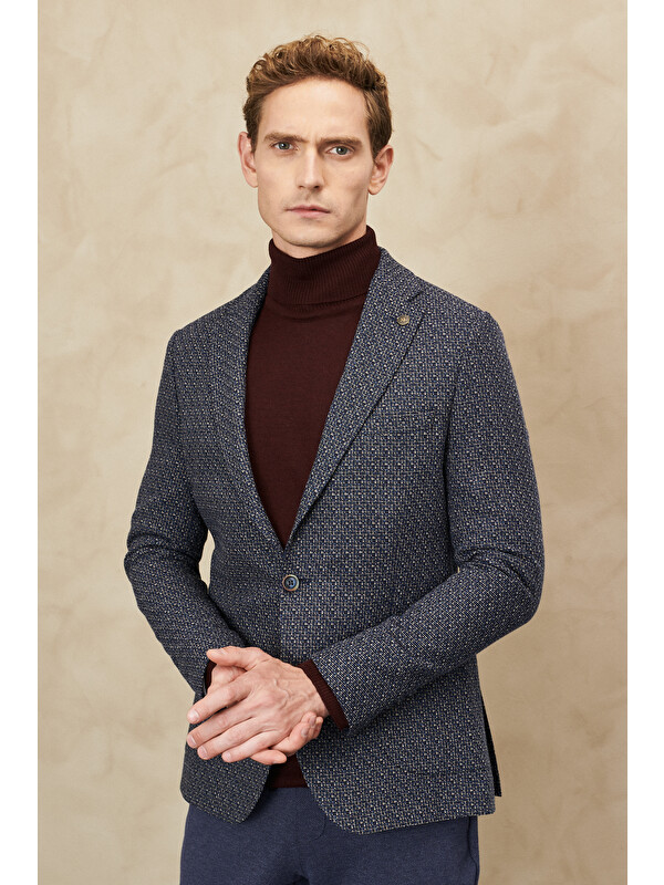Altınyıldız Classics Erkek Lacivert-Bej Slim Fit Dar Kesim Mono Yaka Desenli Yünlü Ceket