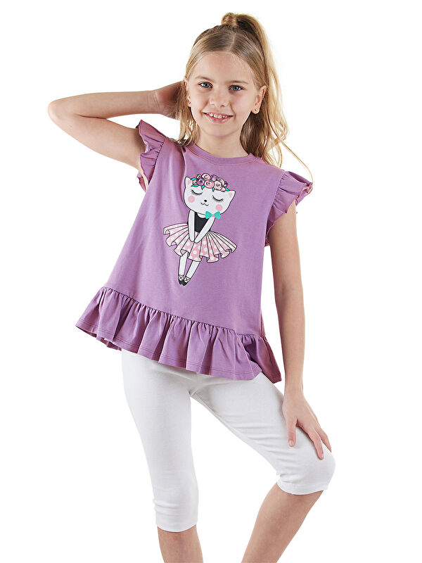 Denokids Çiçekli Kedi Kız Çocuk Mor Tişört Tayt Takım
