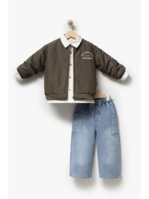 Jikko Baby Erkek Çocuk Bomber Ceketli Gömlekli Bol Paça Jean Pantolon 3’lü Takım 9102