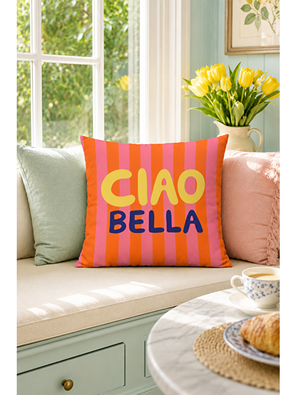 Evmila Ciao Bella Çizgili Yazı Baskılı Dekoratif Kırlent Kılıfı Retro Yazlık Dekor 43x43 cm