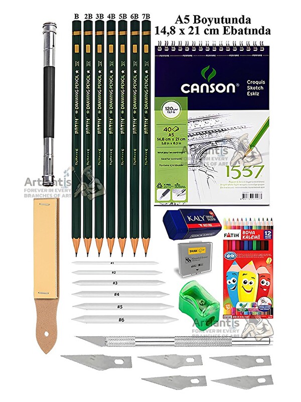 Artlantis Canson Eskiz Defteri A5 40 Yaprak Fatih Dereceli Kalem Kretuar 12 Renk Kuru Boya Sketch Karakalem 6