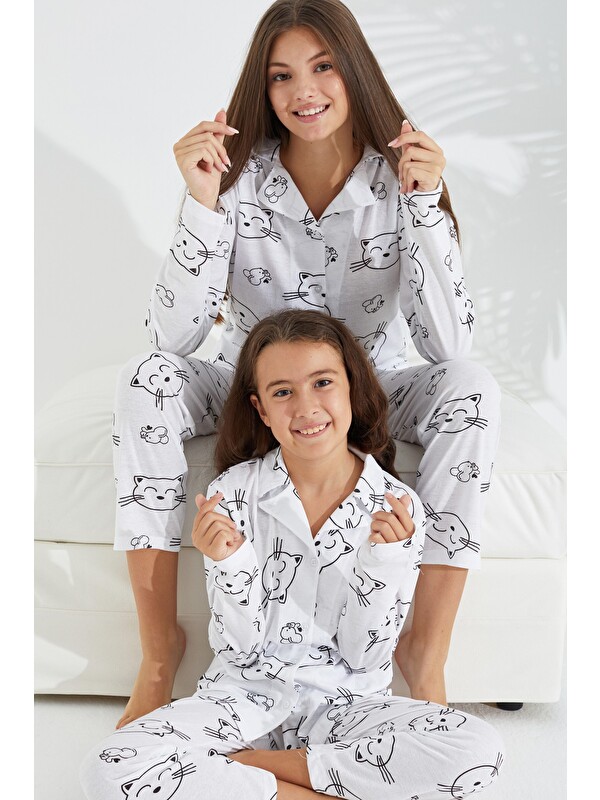 Siyah İnci Pamuklu Düğmeli Pijama Takımı