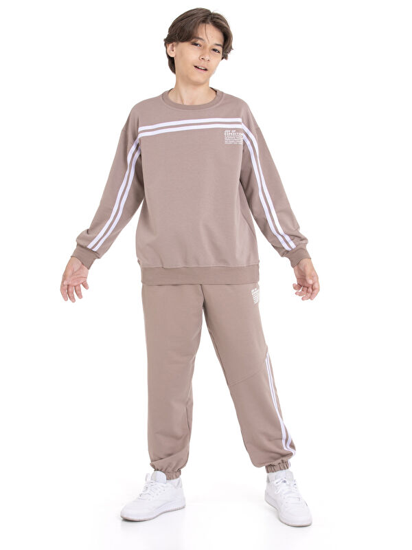 Cansın Mini Kahve Şerit Detaylı Bisiklet Yaka Erkek Çocuk Basic Eşofman Takımı 21261
