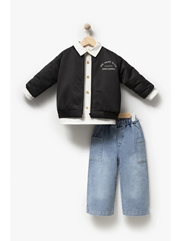 Jikko Baby Erkek Çocuk Bomber Ceketli Gömlekli Bol Paça Jean Pantolon 3’lü Takım 9102