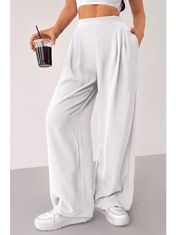 Genius Store Kadın Pantolon Scuba Krep Kumaş Beli Lastikli Cepli Pileli Geniş Paça Palazzo Pantolon SCUBA-CREP