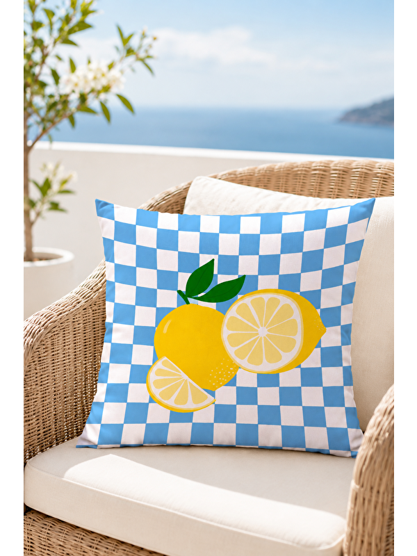 Evmila Limon Dama Desenli Dekoratif Kırlent Kılıfı Yazlık Akdeniz Balkon Dekoru 43x43 cm