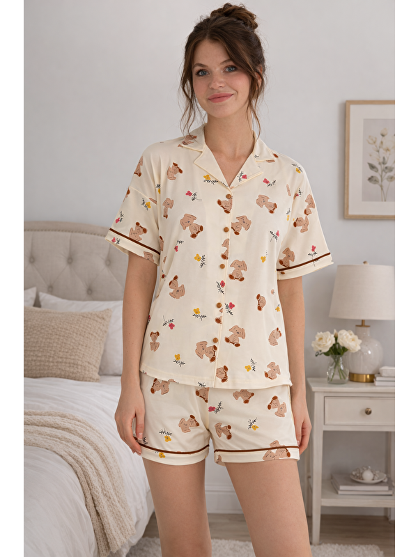 Formo PREMIUM Kadın Viskon/Bambu Yüksek Kaliteli Gömlek Yaka Düğmeli Biyeli Esnek Şortlu Pijama Takımı