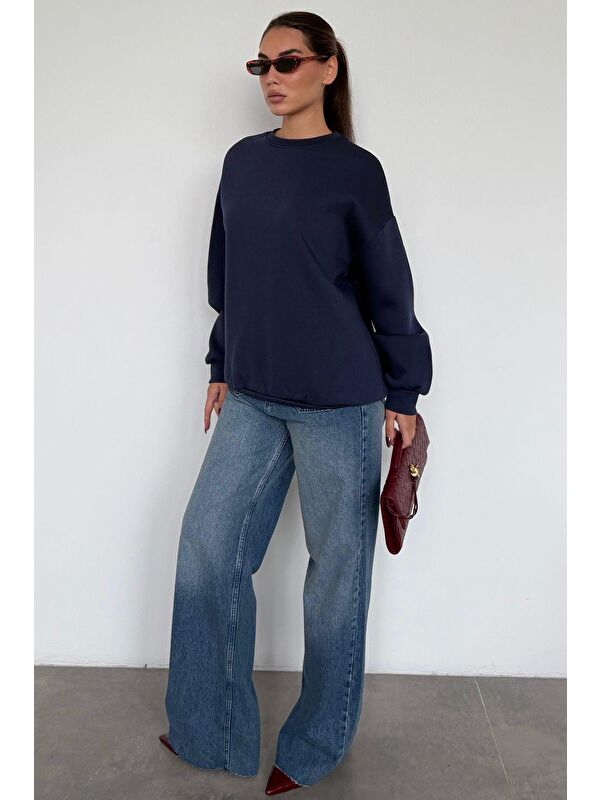 Madmext Lacivert Bisiklet Yaka Basic Sweatshirt Mg1559