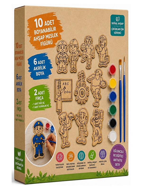 artmaster Ahşap Boyama Meslekler 10 lu 1 Paket 10x15cm Ahşap Boyama 6 Renk Boya Resim Fırçası Etkinlik Çocuk G