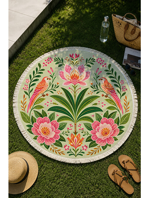 Milbay Grup Yuvarlak Plaj Havlusu 150 Cm Çiçek ve Yaprak Desenli Baskılı Plaj Havlusu