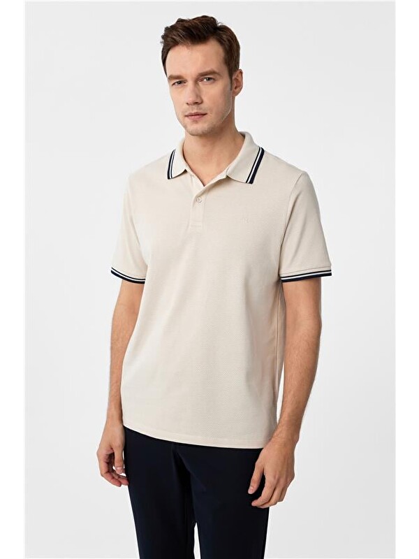Süvari Bej Regular Armürlü Polo Yaka Tişört