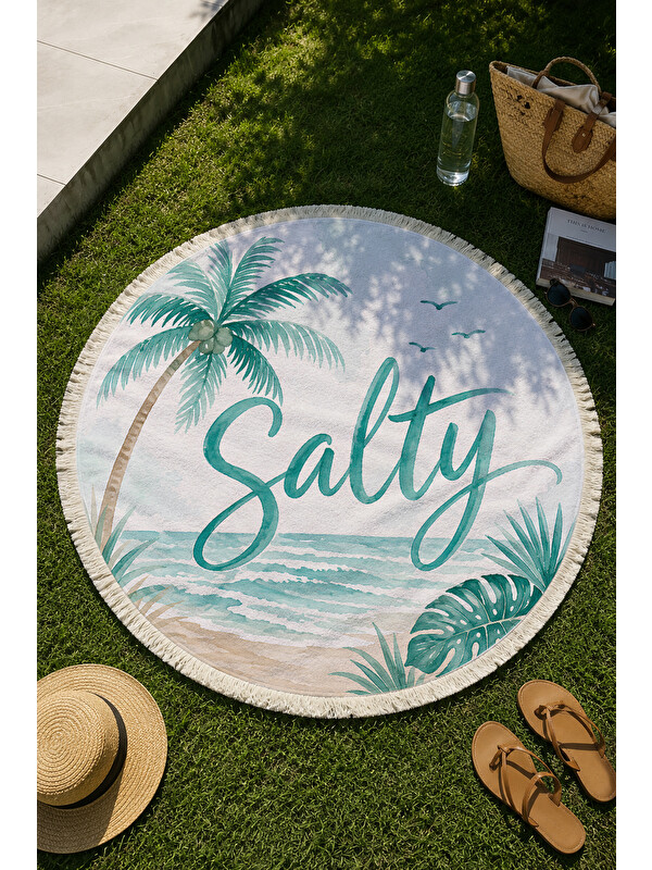 Milbay Grup Yuvarlak Plaj Havlusu 150 Cm Salty Yazılı Tropikal Baskılı Plaj Havlusu