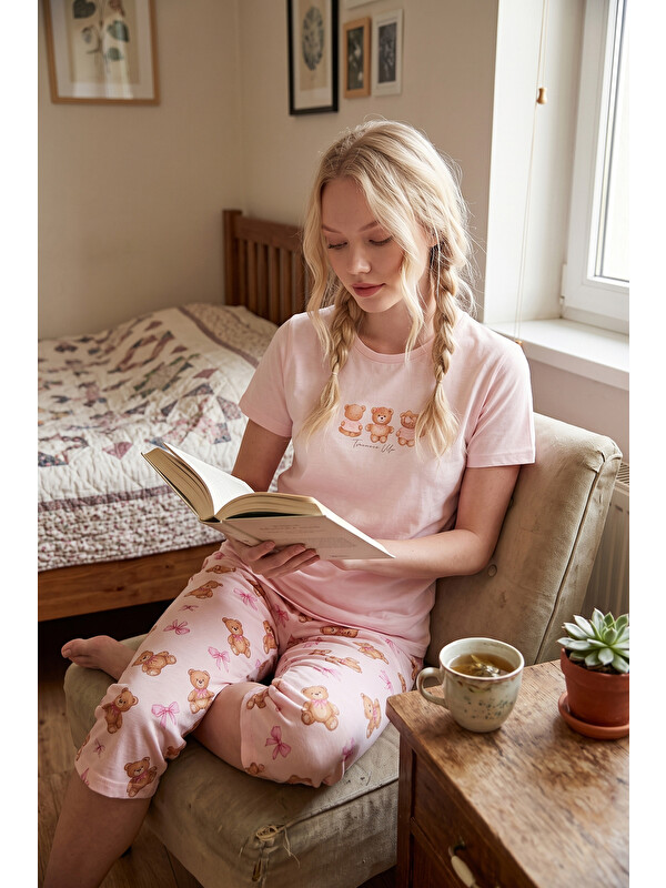 Lela Desenli Pamuklu Bisiklet Yaka Kaprili Pijama Takımı 65790787