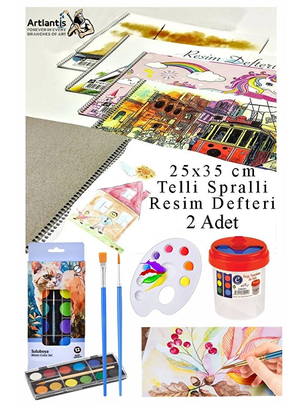 Artlantis 12 Renk Brons Sulu Boya 25x35 cm Telli Spralli Resim Defteri Resim Paleti Resim Fırçası Temizleme Ka