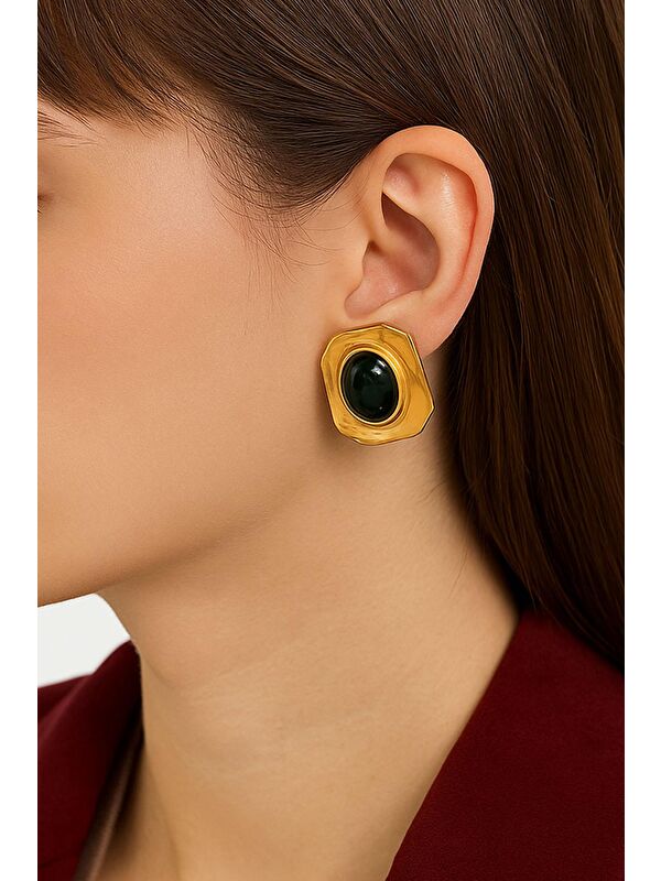 New Obsessions Gold Detaylı Renkli Taşlı Kare Çelik Vintage Küpe