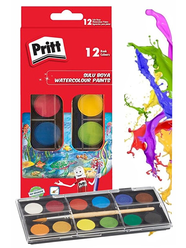 Artlantis 12 Renk Sulu Boya 1 Paket Fırça Hediyeli 12 li Pritt Suluboya Canlı Renkler 28 mm Boya Çapı Büyük Bo