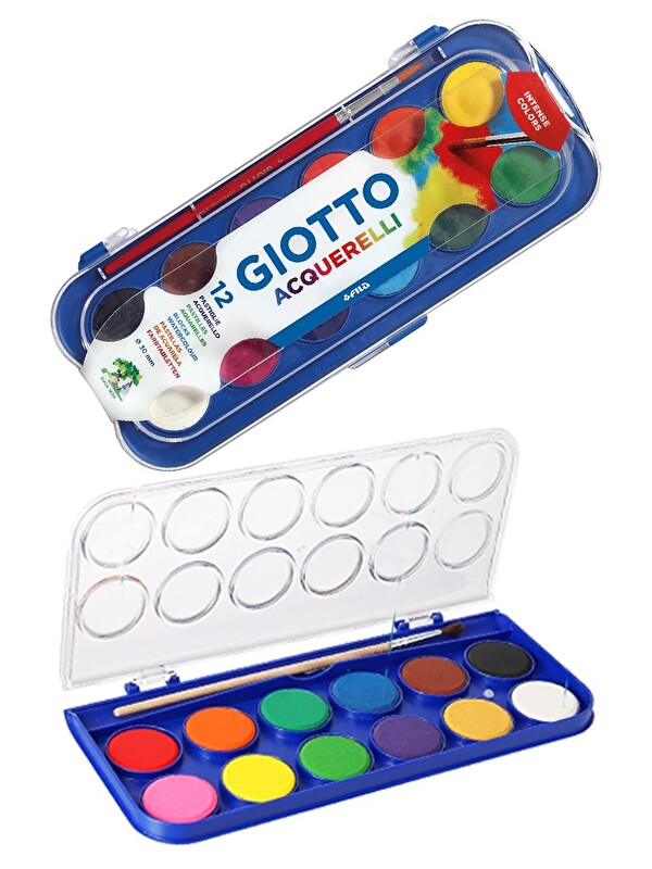artmaster 12 Renk Sulu Boya 23mm 1 Paket Giotto 12 li Suluboya Fırça Hediyeli Canlı Renkler Acquerelli Kalitel