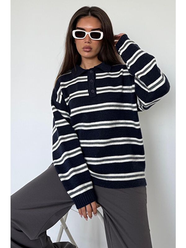 Madmext Lacivert Polo Yaka Çizgili Kadın Triko Kazak Mg2469