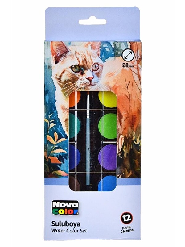 Nova Color 12 Renk Sulu Boya 1 Paket Fırça Hediyeli 12 li Suluboya Canlı Renkler 28 mm Boya Çapı Büyük Boy