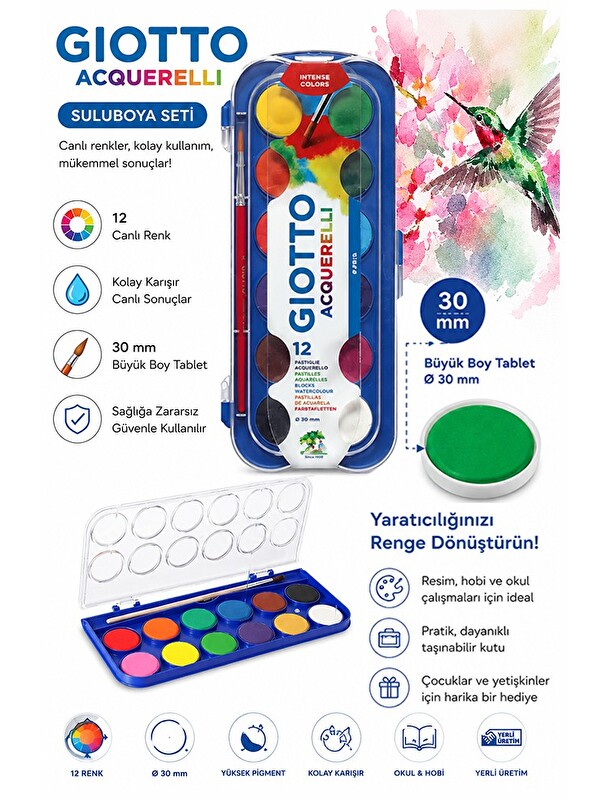 artmaster 12 Renk Sulu Boya 30mm Büyük 1 Paket Giotto 12 li Suluboya Fırça Hediyeli Canlı Renkler Acquerelli K