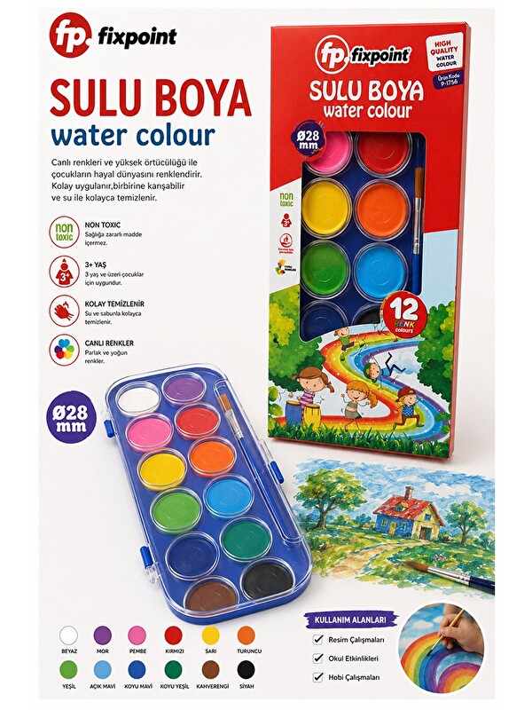 artmaster 12 Renk Sulu Boya 28mm 1 Paket Fixpoint 12 li Suluboya Fırça Hediyeli Canlı Renkler Kaliteli Yıkanab