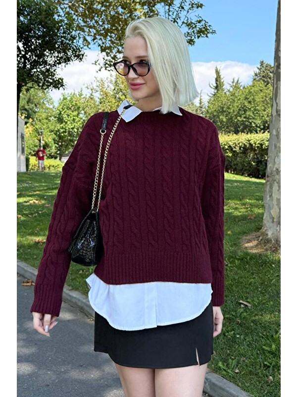 Madmext Bordo Bisiklet Yaka Örgü Desenli Kadın Triko Kazak Mg2520