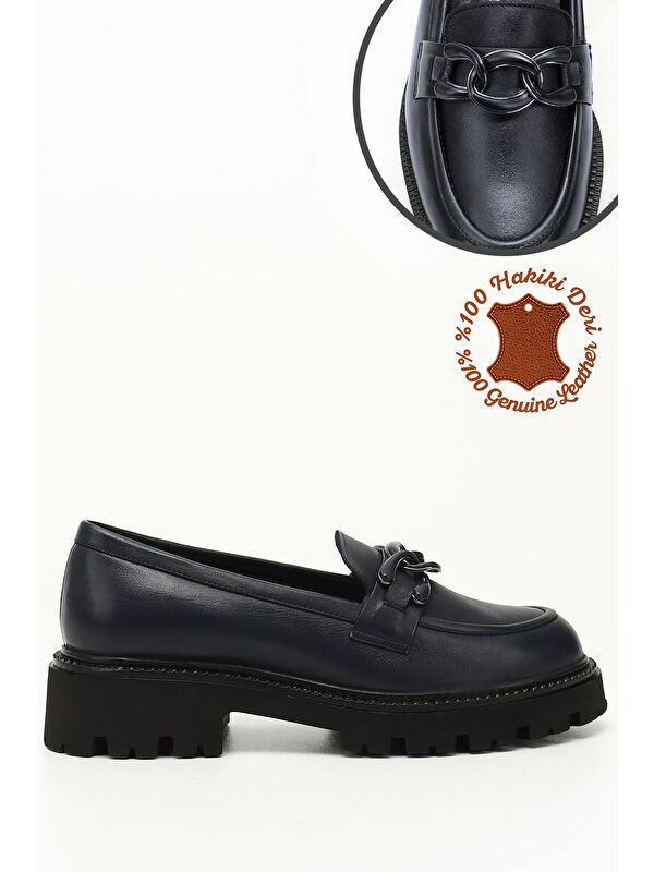 Kadın AÇIK LACİVERT Kalın Topuklu Tokalı Hakiki Deri Loafer Ayakkabı - Görsel 4