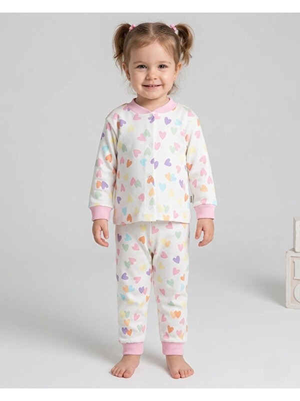 Ege Bebek Kız Çocuk Kalp Baskılı Çıtçıtlı Mevsimlik %100 Pamuk Pijama Takımı