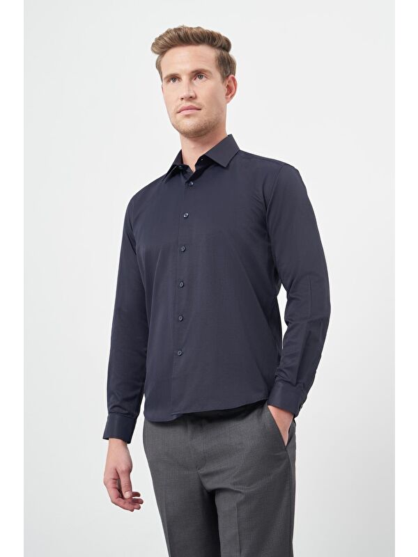İMZA Koyu Lacivert Uzun Kol Düz Bez Ayağı Sert Yaka Cepsiz Pamuklu Classic Slim Fit Gömlek 1004245267