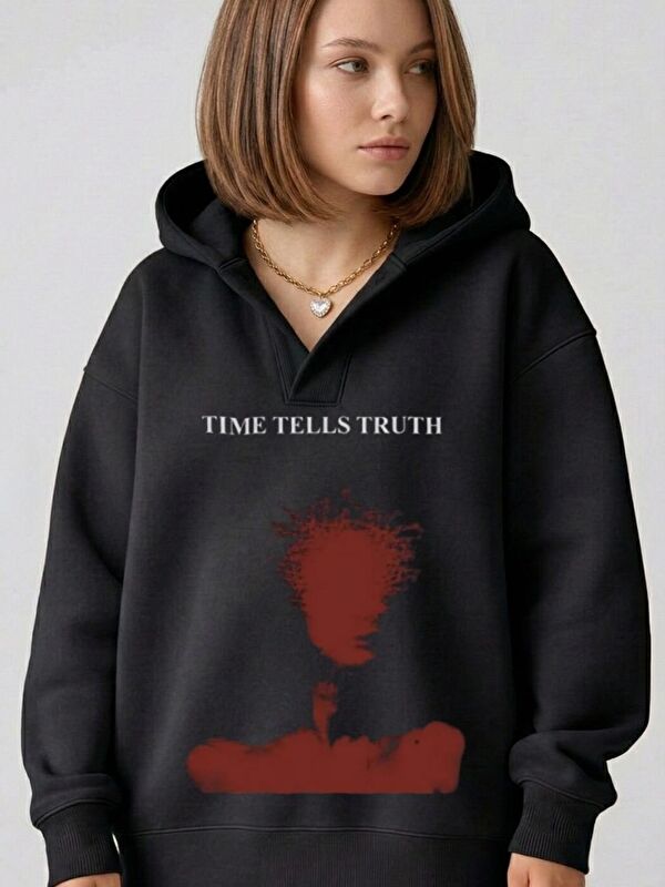 Trendseninle Siyah Red Silüet Baskılı Relax Patlı Yaka Detay Oversize Kapüşonlu Sweatshirt
