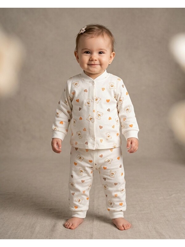 Ege Bebek Kız Bebek Kalp ve Ayıcık Baskılı Çıtçıtlı Mevsimlik %100 Pamuk Gecelik Alt Üst Pijama Takımı