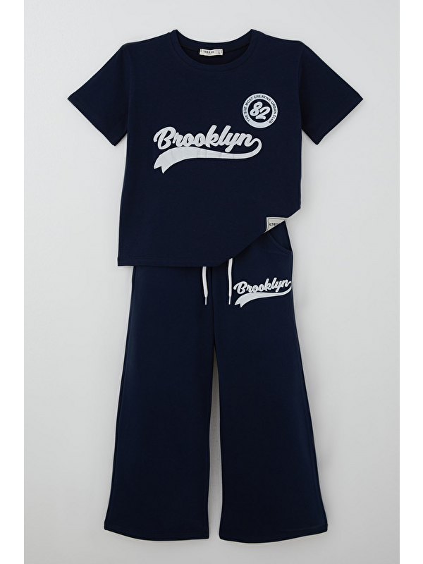 Breeze Kız Çocuk Pantolonlu Takım Brooklyn Yazı Baskılı Bağcıklı Lacivert (8-14 Yaş)