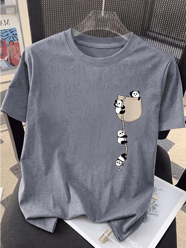 Oksit Sevimli Panda Grafikli İpli Cep Detaylı Kısa Kollu Oversize Unisex Bisiklet Yaka Tişört
