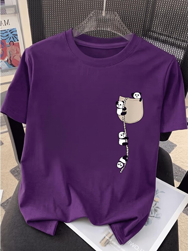 Oksit Sevimli Panda Grafikli İpli Cep Detaylı Kısa Kollu Oversize Unisex Bisiklet Yaka Tişört