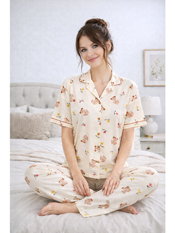 Formo PREMIUM Kadın Viskon/Bambu Yüksek Kaliteli Gömlek Yaka Düğmeli Yumuşak Dokulu Pijama Takımı