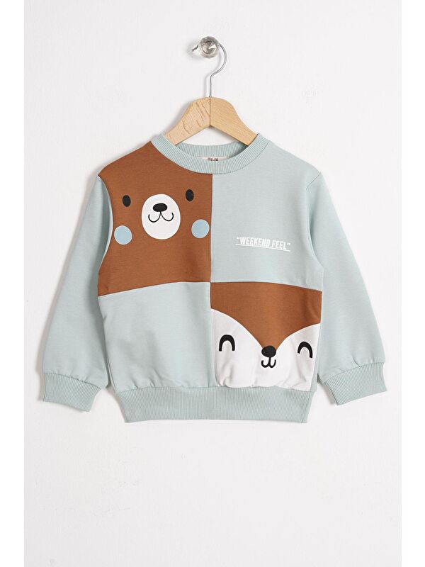 Zepkids Tilki ve Ayı Figürlü Bisiklet Yaka Mint Renk Erkek Çocuk Sweatshirt