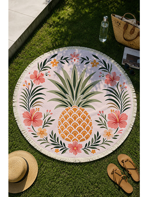 Milbay Grup Yuvarlak Plaj Havlusu 150 Cm Ananas ve Tropikal Çiçek Desenli Baskılı Plaj Havlusu