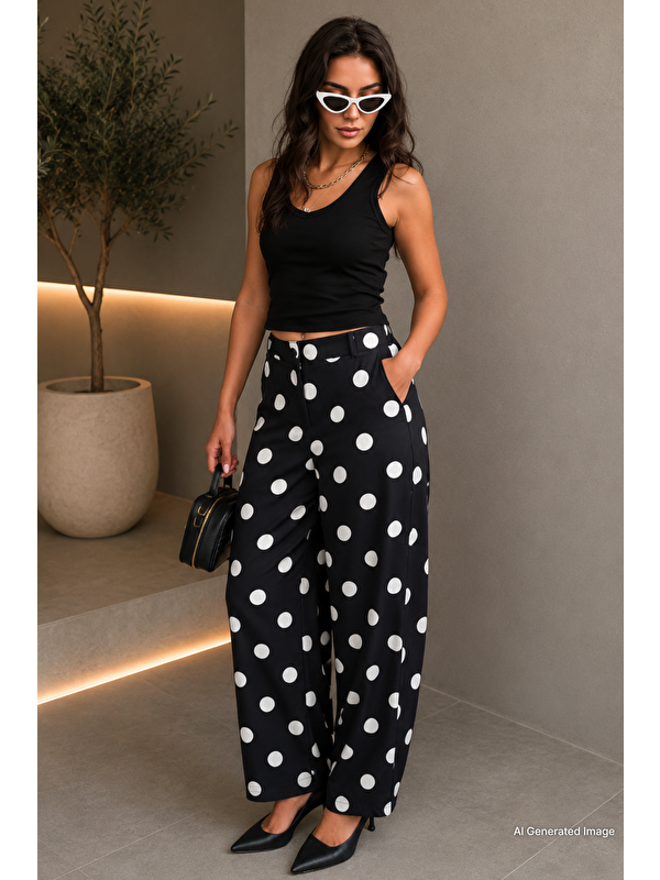 Madmext Siyah Puantiyeli Beli Lastikli Balon Kadın Pantolon Mg2886